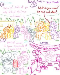 Size: 4779x6013 | Tagged: safe, artist:adorkabletwilightandfriends, apple bloom, diamond tiara, scootaloo, silver spoon, sweetie belle, comic:adorkable twilight and friends, adorkable, adorkable friends, alone, balloon, basket, bipedal, birthday, birthday party, buckball field, buckbasket, bully, bushel basket, cellphone, comic, cute, cutie mark crusaders, dork, empty, facebook, female, filly, foal, forever alone, friendship, frown, g4, glasses, group, group hug, hug, imported from derpibooru, lips, meme, outdoors, party, party game, phone, pin the tail on the donkey, plate, ponyville schoolhouse, present, profile, rude, sad, school, scootaloo is not amused, slice of life, smartphone, social media, standing, table, teasing, unamused