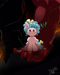 Size: 3200x4000 | Tagged: safe, artist:mayor_doge, queen chrysalis, butterfly, centaur, cozy glow, faceless male, female, filly, foal, g4, high res, imported from derpibooru, in goliath's palm, insect, looking at you, lord tirek, male, offscreen character, offscreen male, pegasus, pony, size difference, smiling, smiling at you, species swap, taur, trio