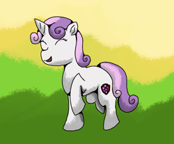 Size: 870x720 | Tagged: safe, artist:tranzilla, sweetie belle, eyes closed, female, filly, foal, g4, horn, imported from derpibooru, open mouth, open smile, outdoors, pony, raised hoof, raised leg, smiling, solo, standing on two hooves, tail, unicorn