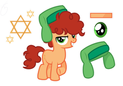 Size: 1280x897 | Tagged: safe, artist:mfmcares, 2023, colt, cutie mark, earth pony, foal, frog (hoof), grin, hat, imported from derpibooru, judaism, kyle broflovski, lidded eyes, looking at you, male, mischievous, outline, ponified, pony, raised hoof, reference sheet, religion, simple background, smiling, smiling at you, solo, south park, star of david, stars, transparent background, underhoof, ushanka