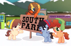 Size: 1280x835 | Tagged: safe, artist:mfmcares, 2023, alternate universe, beanie, building, chubby, clothes, coat, colt, earth pony, eric cartman, feathered wings, foal, font, friend group, frog (hoof), group, hat, holding, horn, houses, imported from derpibooru, kenny mccormick, kyle broflovski, looking at you, male, open mouth, outdoors, parody, partially open wings, pegasus, ponified, pony, pose, quartet, raised hoof, shadow, sign, smiling, smiling at you, snow, south park, stallion, stan marsh, text, underhoof, unicorn, ushanka, waving, wide smile, wings, wood, wooden sign