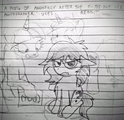 Size: 2989x2887 | Tagged: safe, artist:dhm, twilight sparkle, oc, oc:filly anon, (you), 4chan, abstract background, angry, disgusted, ears back, ew gay, female, filly, foal, g4, imported from derpibooru, lined paper, lyra heartstrings, meme, monochrome, paper, pencil drawing, reddit, reference, sitting, stool, text, traditional art