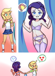 Size: 1152x1584 | Tagged: questionable, artist:drantyno, applejack, rarity, banned from derpibooru, child, clothes, equestria girls, female, garter belt, human, imported from twibooru, lesbian, lingerie, lolicon, panties, partial nudity, sockings, topless, underage, underwear, young, younger
