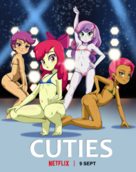 Size: 3858x4905 | Tagged: questionable, artist:the-dark-mangaka, apple bloom, babs seed, scootaloo, sweetie belle, banned from derpibooru, clothes, cuties, equestria girls, human, imported from twibooru, lolicon, netflix, panties, parody, poster, poster parody, thong, underage, underwear