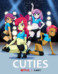 Size: 3858x4905 | Tagged: questionable, artist:the-dark-mangaka, apple bloom, babs seed, scootaloo, sweetie belle, banned from derpibooru, clothes, cuties, equestria girls, human, imported from twibooru, lolicon, netflix, parody, poster, poster parody, underage