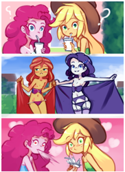 Size: 1152x1584 | Tagged: questionable, artist:drantyno, applejack, pinkie pie, rarity, banned from derpibooru, child, clothes, equestria girls, flashing, human, humanized, imported from twibooru, lingerie, lolicon, nipples, nudity, partial nudity, sunset shimmer, topless, underage, underwear, young, younger