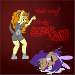 Size: 915x915 | Tagged: semi-grimdark, suggestive, artist:niggerdrawfag, adagio dazzle, oc, animal costume, blood, bunny ears, clothes, costume, crying, dialogue, duo, equestria girls, eyes closed, fetal position, fursuit, human, imminent rape, imminent sex, impending abuse, implied pedophilia, implied rape, imported from twibooru, jennabun, lolicon, meta, nosebleed, pedophilia, red background, simple background, sleepover, text, tulpa, underage, wolf costume