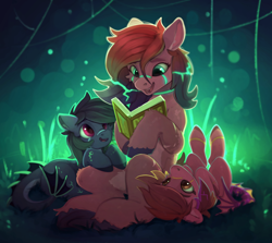 Size: 2508x2235 | Tagged: safe, artist:itssim, oc, oc:surge'n sangria, book, earth pony, female, filly, foal, imported from derpibooru, lying down, mare, merpony, oc only, on back, open mouth, open smile, pony, prone, reading, smiling, trio