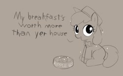 Size: 1186x736 | Tagged: safe, artist:caraloh, apple bloom, bowtie, diamond, earth pony, female, filly, foal, g4, hat, imported from derpibooru, looking at you, monochrome, no iris, pet bowl, ponies eating gems, pony, smiling, smiling at you, solo, sparkles, talking to viewer