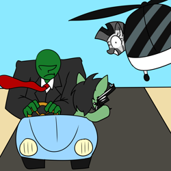 Size: 2000x2000 | Tagged: safe, artist:hotwater, oc, oc:anon, oc:filly anon, car, clothes, desert, driving, earth pony, female, filly, foal, gun, handgun, helicopter, human, imported from derpibooru, oc only, outdoors, pony, revolver, road, suit, trio, vehicle, zebra