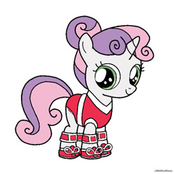 Size: 720x720 | Tagged: safe, artist:littlemissrissie, sweetie belle, clothes, female, filly, foal, g4, horn, imported from derpibooru, simple background, solo, sporty style, unicorn, white background