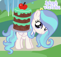Size: 1280x1212 | Tagged: safe, artist:vi45, oc, adoptable, cake, female, filly, foal, food, imported from derpibooru, looking at you, oc only, outdoors, pegasus, pony, quadrupedal, solo