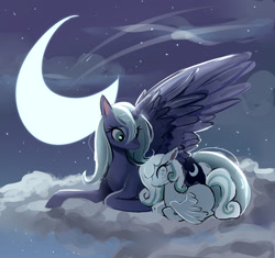 Size: 1280x1203 | Tagged: safe, artist:binyandbunny, princess luna, oc, oc:snowdrop, alicorn, blind, blue mane, cloud, crescent moon, duo, duo female, eye shimmer, eyelashes, eyeshadow, feather, feathered wings, female, filly, floppy ears, foal, frown, furrowed brow, g4, imported from derpibooru, looking at someone, looking at you, looking down, lying down, makeup, mare, messy mane, missing accessory, moon, night, night sky, not shipping, on a cloud, outdoors, partially open wings, pegasus, pony, ponyloaf, prone, resting, s1 luna, sitting, sitting on a cloud, sky, spread wings, stars, two toned mane, wings, worried, young luna