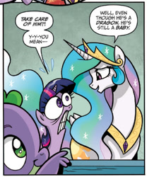 Size: 448x539 | Tagged: safe, artist:brenda hickey, princess celestia, spike, twilight sparkle, alicorn, baby, baby dragon, baby spike, bad teacher, bangs, bitchlestia, cartoony, child labor, comic, comic panel, crown, dialogue, dragon, emanata, ethereal mane, ethereal tail, eye shimmer, eyelashes, faic, female, filly, filly twilight sparkle, foal, folded wings, friendship is magic #40, g4, gritted teeth, horn, idw, imported from derpibooru, jewelry, male, mare, mismatched eyes, my little pony: friendship is magic (idw), official comic, peytral, plewds, pony, regalia, sharp horn, smiling, sparkles, speech bubble, table, tail, teeth, trio, twilight's first friend, unicorn, unicorn twilight, wide eyes, wings, wtf, young twilight, younger