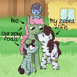 Size: 1000x1000 | Tagged: safe, artist:grafc0ndey, oc, :d, ^^, baby, baby pony, bush, colt, dirt road, earth pony, eyes closed, eyes open, family, female, filly, floppy ears, foal, forest, grass, group, house, husband and wife, hybrid, implied interspecies, imported from derpibooru, infant, interspecies, interspecies offspring, lidded eyes, looking up, male, mare, nature, nuzzling, oc name needed, oc only, offspring, on head, open mouth, open smile, outdoors, petting, pony, quartet, sitting, smiling, stallion, standing, text, tree, zebra, zebroid, zony