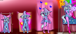 Size: 4500x2053 | Tagged: explicit, artist:anibaruthecat, age progression, anthro, banned from derpibooru, boots, breasts, delicious flat chest, female, high heeled boots, imported from twibooru, lidded eyes, lolicon, looking at you, masturbation, nipple squeeze, nudist trixie, nudity, older, on stage, open mouth, partial nudity, shoes, solo, stripsie, teenager, thigh boots, tongue out, toothbrush, toothbrush in vagina, trixie, underage, vulva, young, younger