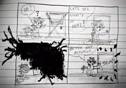 Size: 3804x2649 | Tagged: safe, artist:dhm, oc, oc:filly anon, abstract, abstract background, comic, curiosity, curious, door, female, filly, foal, funny, high res, imported from derpibooru, lined paper, marker drawing, metaphor, monochrome, oc only, pencil drawing, repression, sign, solo, speech bubble, text, traditional art, trauma, traumatized, vent art