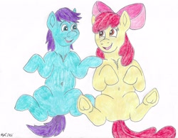 Size: 4372x3390 | Tagged: safe, artist:bluegreen369, apple bloom, oc, adorabloom, apple bloom's bow, belly, belly button, blue coat, blue eyes, bow, colt, cute, earth pony, earth pony oc, eye clipping through hair, eyebrows, eyebrows visible through hair, featureless crotch, female, filly, foal, frog (hoof), g4, hair bow, hoof on shoulder, imported from derpibooru, looking at each other, looking at someone, lying down, male, on back, pony, purple mane, simple background, smiling, smiling at each other, traditional art, underhoof, unnamed oc, white background