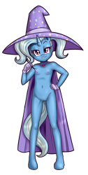 Size: 1432x2832 | Tagged: explicit, artist:anibaruthecat, anthro, banned from derpibooru, bedroom eyes, breasts, cape, clothes, delicious flat chest, female, gloves, hat, imported from twibooru, lip bite, lolicon, looking at you, nipple play, nudity, partial nudity, presentation, simple background, solo, solo female, transparent background, trixie, trixie's cape, trixie's hat, underage, vulva, wand, young, younger