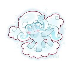 Size: 1329x1266 | Tagged: safe, artist:xixi, oc, oc:snowdrop, :o, blind, blush sticker, blushing, cloud, cute, female, filly, foal, full body, imported from derpibooru, oc only, ocbetes, on a cloud, open mouth, partially open wings, pegasus, pony, snowbetes, solo, weapons-grade cute, wings