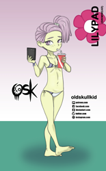 Size: 984x1592 | Tagged: questionable, artist:oldskullkid, banned from derpibooru, bikini, breasts, cameltoe, child, clothes, delicious flat chest, equestria girls, human, imported from twibooru, lily pad (equestria girls), lolicon, looking at phone, panties, ponytail, raised foot, sipping, swimsuit, thong, underage, underwear, young