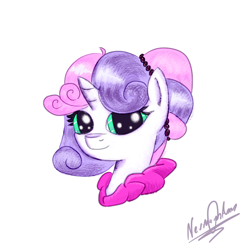 Size: 730x762 | Tagged: safe, artist:neumaghanon, sweetie belle, alternate hairstyle, bust, colored, female, filly, foal, g4, green eyes, horn, imported from derpibooru, pink mane, purple mane, shading, signature, simple background, smiling, solo, unicorn, white coat