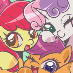 Size: 1953x1954 | Tagged: safe, artist:nimingxiwang168, apple bloom, scootaloo, sweetie belle, :d, adorabloom, bow, cute, cutealoo, cutie mark crusaders, cutie mark cuties, diasweetes, earth pony, female, filly, foal, g4, green background, hair bow, horn, imported from derpibooru, looking at you, one eye closed, open mouth, open smile, pegasus, pink bow, pony, simple background, smiling, unicorn, upper teeth only, weapons-grade cute, wink