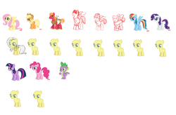 Size: 1000x656 | Tagged: safe, artist:robin mitchell, applejack, fluttershy, pinkie pie, rainbow dash, rarity, spike, twilight sparkle, alternate design, bald, bandage, big macintosh, colt, concept art, dragon, dumbbell, female, filly, foal, g4, generic filly, generic pony, hoops, horn, imported from derpibooru, lineart, male, mare, official, pony, quarterback, stallion, unicorn, unicorn twilight, what could have been, yoke, younger