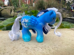 Size: 1440x1079 | Tagged: safe, artist:tiny_bubbles88, 3d print, big brother ponies, bow, cloud, colt, customized toy, foal, g1, gradient coat, hair bow, imported from derpibooru, irl, legendary pokémon, lilypad, long hair male, lugia, male, oil painting, pegasus, photo, plastic, pokémon, pond, pony, pony toy, ribbon, solo, stallion, toy, traditional art, two toned mane, unshorn fetlocks, vintage, water, wings
