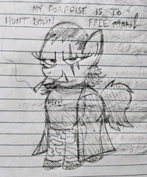 Size: 2284x2747 | Tagged: safe, artist:dhm, oc, oc:filly anon, abstract background, bulletproof vest, camouflage, cigarette, clothes, cosplay, costume, cursed image, edgy, female, filly, foal, half-life, hecu, hunt down the freeman, imported from derpibooru, lined paper, looking at you, meme, mitchell shephard, monochrome, narrowed eyes, oc only, ow the edge, pencil drawing, pony, reference to another series, scar, shitposting, smiling, smiling at you, smoking, solo, traditional art, trenchcoat, vest