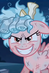 Size: 518x768 | Tagged: safe, artist:ponylilacmelody, ai assisted, ai content, bruised, cozy glow, cozy glow is best facemaker, evil smile, female, filly, foal, g4, grin, imported from derpibooru, messy mane, outdoors, pegasus, pony, pure concentrated unfiltered evil of the utmost potency, pure unfiltered evil, smiling, solo