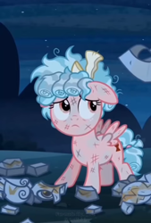 Size: 518x768 | Tagged: safe, artist:ponylilacmelody, ai assisted, ai content, broken, bruised, cozy glow, female, filly, foal, g4, imported from derpibooru, legion of doom statue, messy mane, night, outdoors, pegasus, pony, shattered, solo