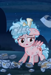 Size: 518x768 | Tagged: safe, artist:ponylilacmelody, ai assisted, ai content, broken, bruised, cozy glow, female, filly, foal, g4, imported from derpibooru, legion of doom statue, messy mane, night, outdoors, pegasus, pony, shattered, solo, standing, stone