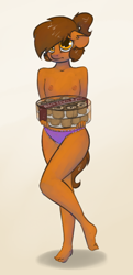 Size: 999x2063 | Tagged: questionable, artist:marsminer, oc, oc:venus spring, anthro, banned from derpibooru, breasts, cinnamon rolls, clothes, female, imported from twibooru, lifted leg, lolicon, looking at you, oc only, panties, partial nudity, pun, simple background, solo, solo female, topless, underage, underwear, visual pun, white background, younger
