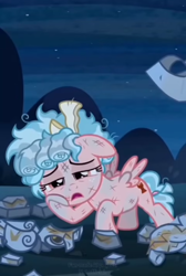 Size: 516x768 | Tagged: safe, artist:ponylilacmelody, ai assisted, ai content, broken, bruised, cozy glow, female, filly, foal, g4, imported from derpibooru, legion of doom statue, lying down, messy mane, night, outdoors, pegasus, pony, shattered, solo, stone