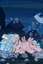 Size: 516x768 | Tagged: safe, artist:ponylilacmelody, abuse, ai assisted, ai content, broken, bruised, cozy glow, cozybuse, eyes closed, female, filly, foal, g4, imported from derpibooru, legion of doom statue, lying down, messy mane, night, outdoors, palindrome get, pegasus, pony, shattered, solo, stone, unconscious