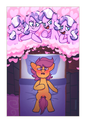Size: 2019x2892 | Tagged: safe, artist:idadeerz, diamond tiara, scootaloo, bed, blushing, crush, detailed background, digital art, duo, duo female, earth pony, fantasizing, female, filly, flustered, foal, g4, heart, implied bullying, imported from derpibooru, indoors, lesbian, looking at someone, looking up, lying down, missing cutie mark, ms paint, passepartout, picture-in-picture, pony, ship:scootiara, shipping, thought bubble