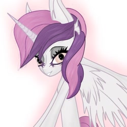 Size: 1280x1280 | Tagged: safe, artist:mizzyclown, oc, oc:sweetieck dreams, alicorn, alicorn oc, cute, female, filly, foal, g4, horn, imported from derpibooru, leaning, not sweetie belle, oc only, pony, simple background, smiling, solo, tail, teenager, two toned mane, two toned tail, unicorn horn, white background, wings