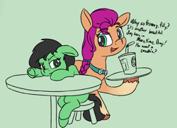 Size: 1357x981 | Tagged: safe, oc, oc:filly anon, annoyed, artist needed, bendy straw, cup, dialogue, drinking straw, duo, earth pony, female, filly, floppy ears, foal, g5, green background, hoof heart, hoof hold, imported from derpibooru, lidded eyes, looking at each other, looking at someone, looking back, mare, open mouth, open smile, pony, simple background, sitting, smiling, source needed, stool, sunny starscout, table, underhoof, upside-down hoof heart