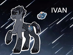 Size: 2048x1536 | Tagged: safe, artist:snazzyraccoon, oc, alien stage, chest fluff, colored hooves, colt, comedy mask, cute, cute little fangs, cutie mark, digital art, drama masks, ear fluff, earth pony, eyebrows, fangs, foal, full body, grin, hooves, imported from derpibooru, ivan (alien stage), looking forward, male, oc only, planet, pony, raised hoof, red eyes, reference sheet, shooting star, short mane, short tail, side view, signature, smiling, solo, space, space background, sparkles, stallion, stars, tail, thick eyebrows, unshorn fetlocks, watermark