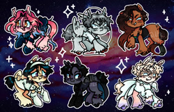 Size: 1024x661 | Tagged: safe, artist:nikodem985, oc, alien stage, amputee, blonde, blush lines, blushing, bracelet, clothes, colored hooves, colt, cute, cute little fangs, dress, ear fluff, ear piercing, earth pony, eyelashes, fangs, female, foal, frown, galaxy background, gloves, gradient coat, gradient mane, grin, hooves, horn, hyuna (alien stage), imported from derpibooru, ivan (alien stage), jewelry, line-up, long mane, looking at you, luka (alien stage), male, mare, mizi (alien stage), oc only, pegasus, piercing, ponified, pony, prosthetic leg, prosthetic limb, prosthetics, raised hoof, red eyes, shy, signature, smiling, smirk, sparkles, stallion, stars, sua (alien stage), thick eyebrows, till (alien stage), two toned mane, unicorn, unshorn fetlocks, watermark