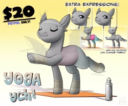 Size: 3000x2500 | Tagged: safe, artist:somestupidfrog, :p, advertisement, colt, commission, customization, derp, expressions, female, foal, gradient background, imported from derpibooru, male, mare, solo, stallion, stretching, tongue out, water bottle, yoga, yoga mat, your character here