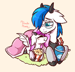 Size: 833x802 | Tagged: safe, artist:triadichues, oc, oc:berry fusion, oc:cherry blossom, artfight, artfight 2026, bandana, bat pony, blanket, carpet, cuddling, earth pony, family, father and child, father and daughter, female, filly, floppy ears, foal, food, glasses, goat, goat horns, goat pony, horns, hybrid, imported from derpibooru, lying down, male, nuzzling, oc only, pony, popcorn, prone, slushie, smiling, spread wings, stallion, unshorn fetlocks, wholesome, wings
