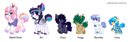 Size: 1280x422 | Tagged: safe, artist:pink-pone, oc, oc:barnaby, oc:ivory (pink-pone), oc:onyx, oc:rio, oc:sketch book, oc:twigg, :3, :p, animal costume, bat pony, bat wings, bowtie, chest fluff, colored hooves, colt, costume, derp, ear fluff, ear piercing, earth pony, ethereal mane, eyebrow slit, eyebrows, eyebrows visible through hair, female, filly, foal, frown, glasses, hooves, imported from derpibooru, line-up, looking at you, male, mare, messy mane, oc only, one eye closed, onesie, pegasus, piercing, pony, quadrupedal, shark, shark costume, silly face, simple background, smiling, starry mane, sweater vest, thick eyebrows, three toned mane, tongue out, twigs in hair, watch, white background, wings, wink