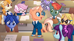 Size: 1920x1080 | Tagged: safe, artist:limedazzle, oc, oc:carson, oc:james, clothes, colt, earth pony, female, filly, foal, goat, goat pony, horn, imported from derpibooru, male, oc only, pony, quadrupedal, suit, sweater vest, unicorn