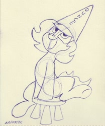 Size: 1037x1240 | Tagged: safe, artist:unitxxvii, oc, oc:filly anon, dunce hat, earth pony, female, filly, foal, hat, imported from derpibooru, monochrome, oc only, open mouth, open smile, pen drawing, pony, sitting, smiling, solo, spread legs, spreading, stool, traditional art