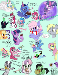 Size: 2550x3300 | Tagged: safe, artist:anonymous, applejack, fluttershy, pinkie pie, princess celestia, princess luna, rarity, spike, sweetie belle, twilight sparkle, oc, oc:anon, oc:fausticorn, oc:filly anon, 4chan, :3, alcohol, alicorn, baby, baby dragon, bipedal, bipedal leaning, birthday, birthday cake, birthday card, birthday gift, book, cake, candle, clothes, crown, derpy hooves, dialogue, dragon, drink, earth pony, eyes closed, female, filly, firefly, foal, food, g1, g4, glass, grin, heart, hoof hold, horn, implied g6, imported from derpibooru, jewelry, lauren faust, leaning, lily valley, lyra heartstrings, magic, mare, mouth hold, numget, open mouth, open smile, pegasus, peytral, plate, present, racial slur, rainbowshine, regalia, simple background, slur, smiling, speech bubble, stairs, suit, telekinesis, thought bubble, thumbs up, trixie, unicorn, vulgar, wine, wine glass, zebra, zecora, zigger