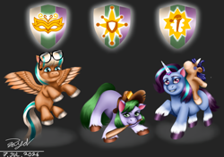Size: 3400x2400 | Tagged: safe, artist:mrcoolbrain, alternate design, earth pony, female, filly, foal, g5, glasses, glory (g5), hat, horn, imported from derpibooru, peach fizz, pegasus, pippsqueak trio, plushie, pony, race swap, seashell (g5), trio, unicorn
