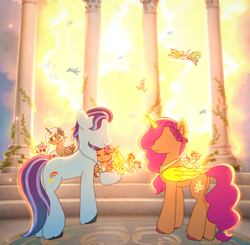 Size: 2718x2666 | Tagged: safe, artist:jaanhavi, oc, alicorn, argyle starshine, artificial horn, artificial wings, augmented, baby, baby pony, baby sunny starscout, earth pony, female, filly, foal, g5, horn, imported from derpibooru, magic, magic horn, magic wings, male, mare, pegasus, pillar, pony, race swap, skyros, stallion, story included, sunny starscout, sunny's mom (oc), sunnycorn, trio focus, vine, wings, younger