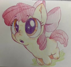 Size: 2958x2805 | Tagged: safe, artist:barbedbetty, apple bloom, :o, blushing, bow, earth pony, female, filly, foal, full body, g4, hair bow, imported from derpibooru, looking up, open mouth, photo, pink bow, pony, solo, traditional art, upper teeth only